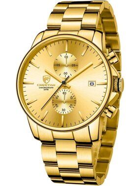 Men's Gold Classic Stainless Steel Waterproof Chronograph Quartz Round Watch